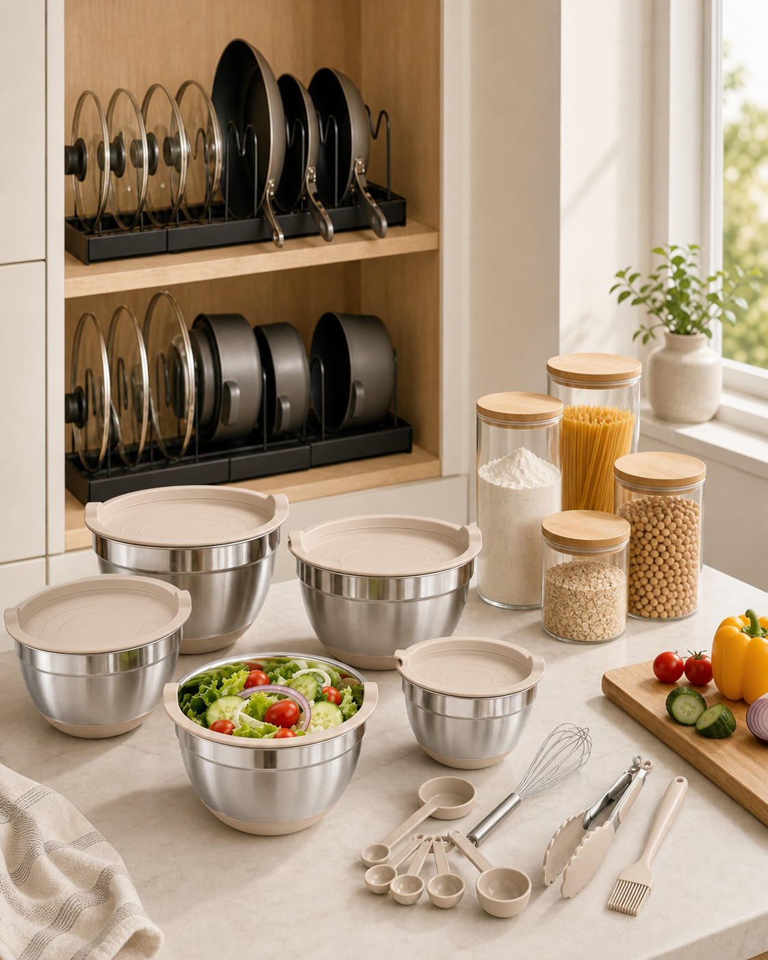 Modern kitchen with mixing bowls, pantry containers, and cookware organizers