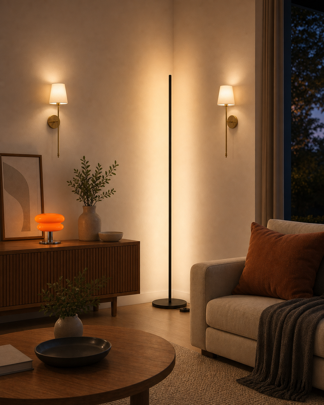 Warm modern living room with layered floor, wall, and table lighting