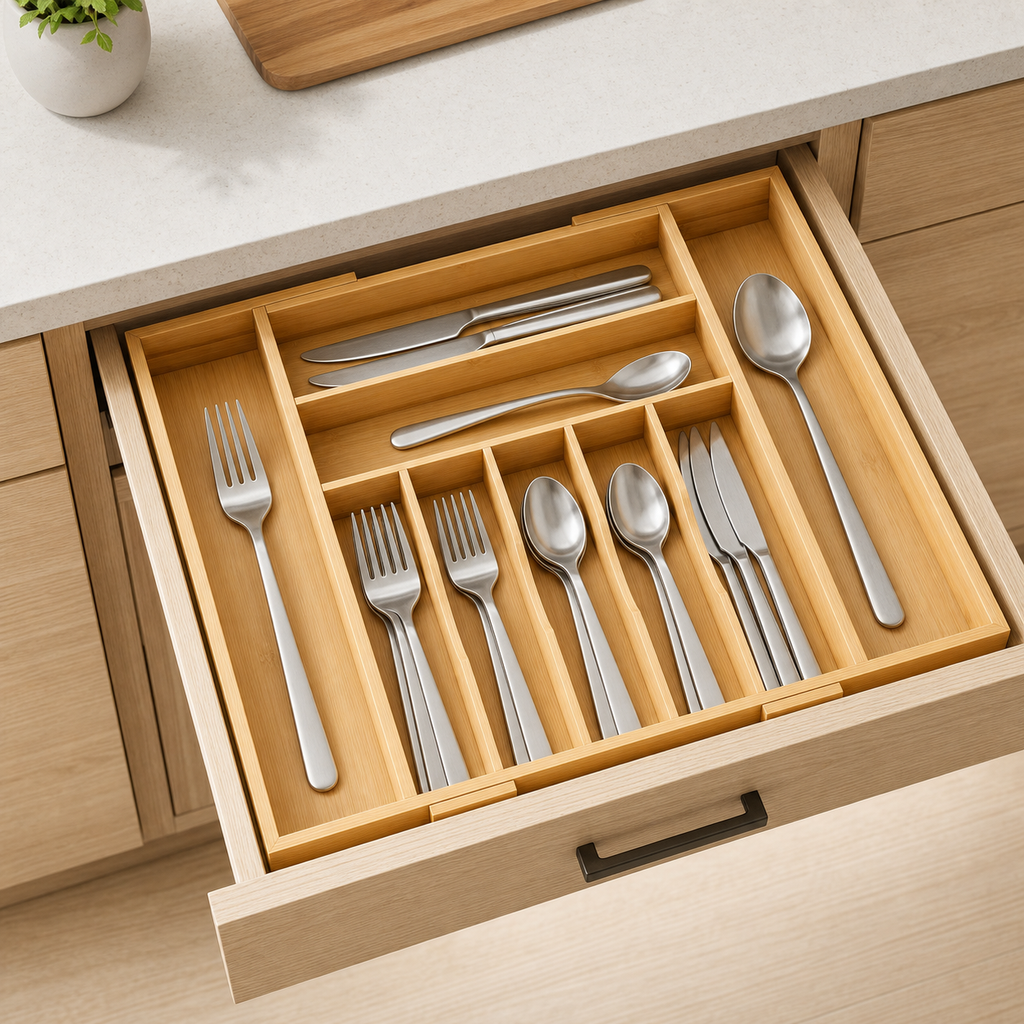 9-Slot Expandable Bamboo Drawer Organizer — lifestyle