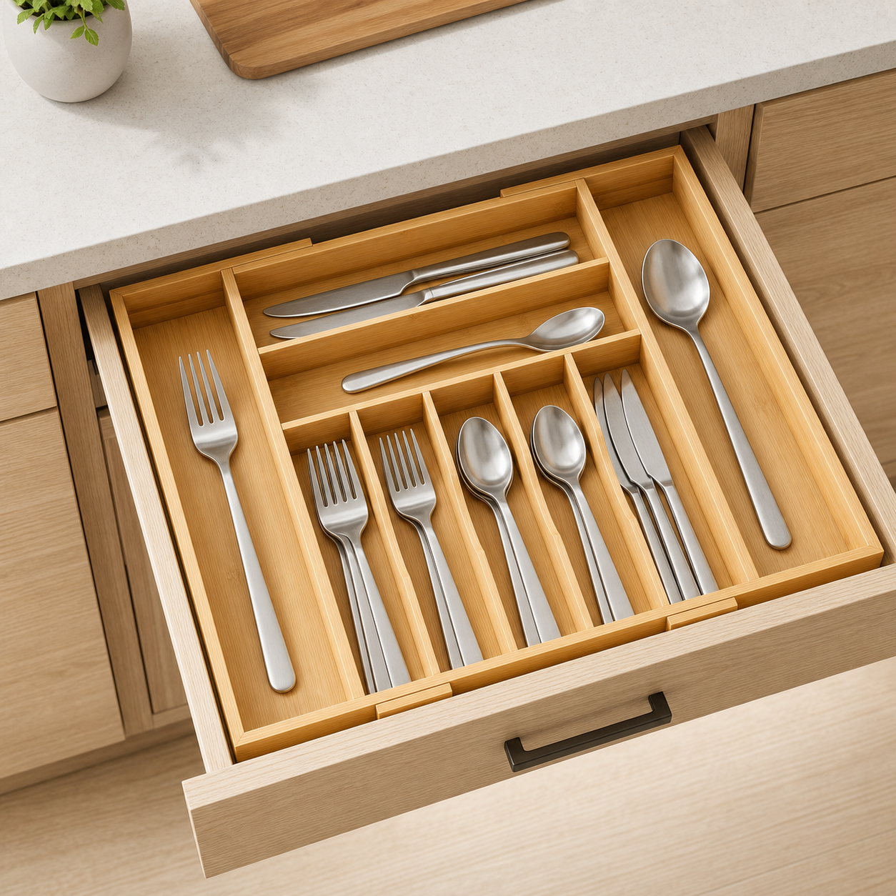 9-Slot Expandable Bamboo Drawer Organizer — lifestyle