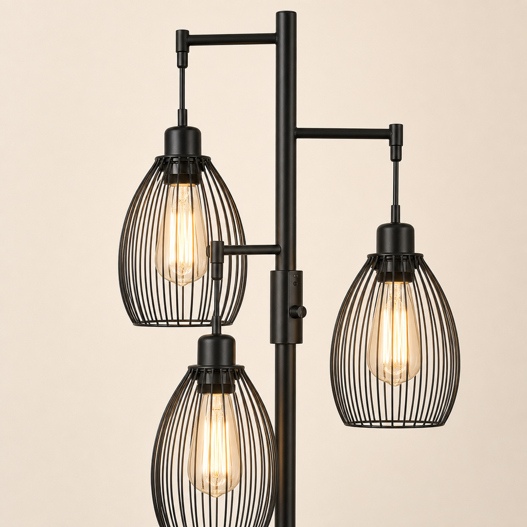 Dimmable 3-Light Black Industrial Floor Lamp — detail
