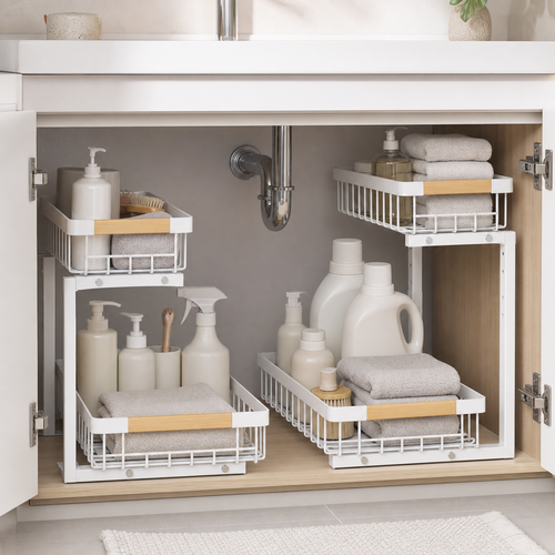2-Pack Adjustable Under-Sink Sliding Organizers — lifestyle