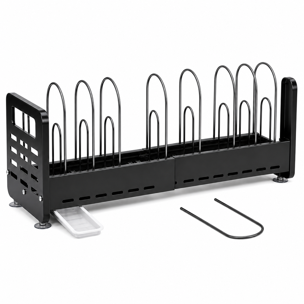 Expandable Pot and Pan Organizer with Drip Tray — detail