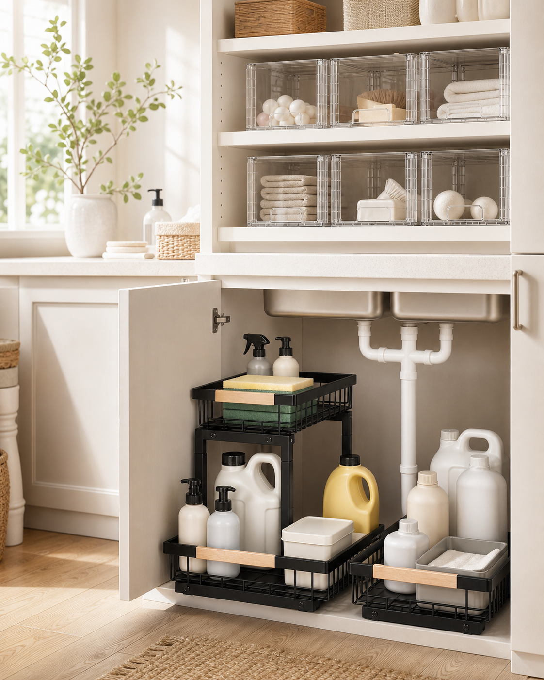 Bright organized utility room with clear drawers and under-sink organizers