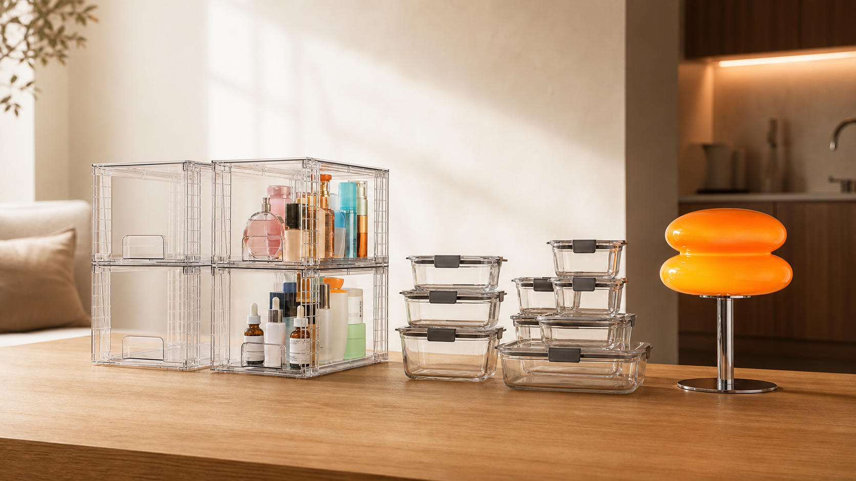 Homepage hero featuring home organization, kitchen storage, and an orange table lamp